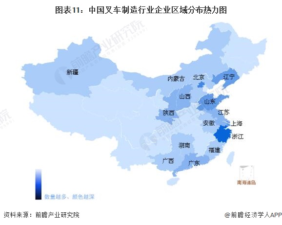 图表11：中国叉车制造行业企业区域分布热力图